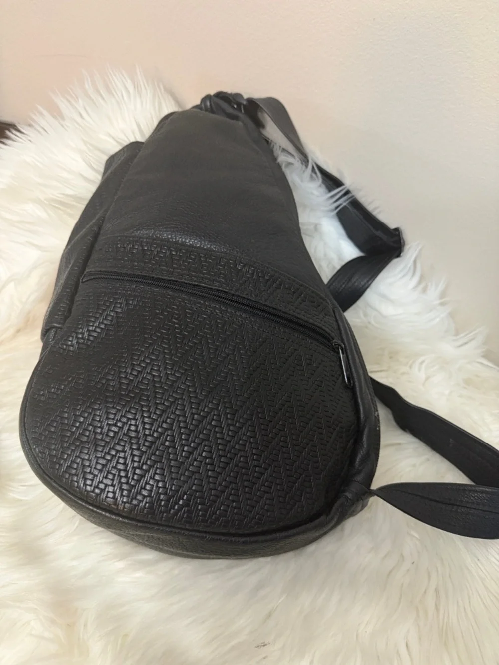 Black Textured Leather Sling Backpack for Men